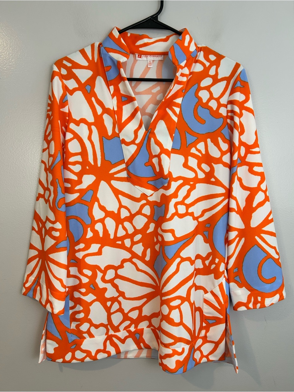 Jude Connally Chris Orange Blue Abstract Floral Vibrant Tunic Blouse Small